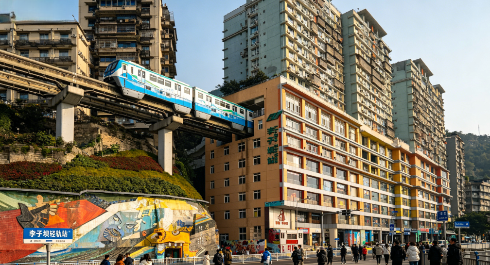 Liziba Light Rail Passing Through Building